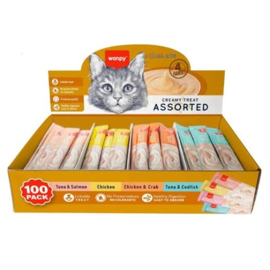 Wanpy kremasta poslastica za macke Display mix 100x14 g